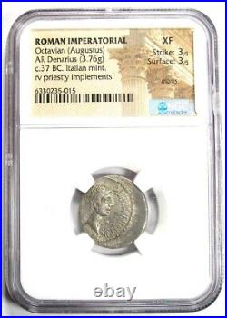 Octavian Augustus AR Denarius Silver Roman Coin 37 BC Certified NGC XF (EF)