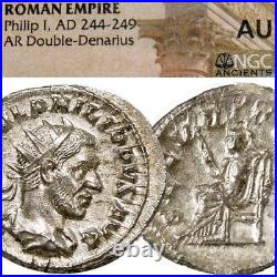 PHILIP I. NGC Certified AU! Securitas ORBIS. Ancient ROMAN Double Denarius Coin
