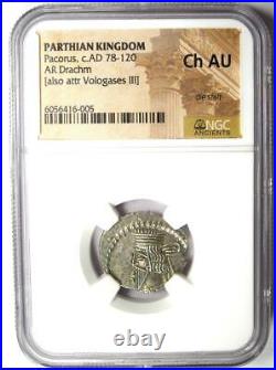 Parthian Kingdom Pacorus AR Drachm Silver Coin 78-120 AD Certified NGC Ch AU