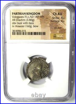 Parthian Kingdom Vologases IV AR Drachm Coin 147-191 AD. Certified NGC Choice AU
