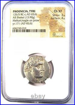 Phoenicia Tyre AR Shekel Bible Silver Coin 45 AD. Certified NGC Choice XF (EF)