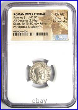 Pompey Junior AR Denarius Silver Roman Coin 46 BC Certified NGC Choice AU