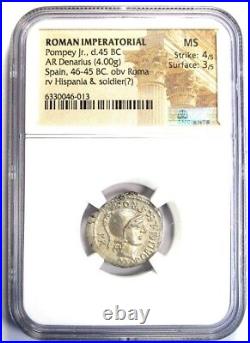 Pompey Junior AR Denarius Silver Roman Coin 46 BC Certified NGC MS (UNC)