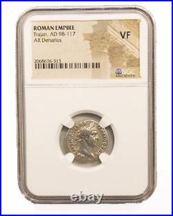 Roman Silver Denarius of Trajan (AD 98-117) NGC CH-VF Certified Coin