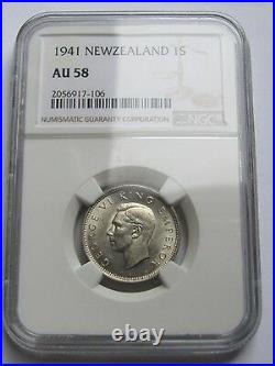 Scarce Grade Better Date 1941 New Zealand Silver Shilling. NGC Certified AU58