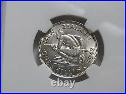 Scarce Grade Key Date 1942 New zealand Silver Shilling. NGC Certified AU58