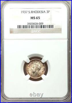 Southern Rhodesia 1937 Three Pence Coin, Ngc Certified Gem Uncirculated Ms-65