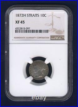 Straits Settlements Victoria 1872-h 10 Cents Silver Coin, Certified Ngc Xf-45