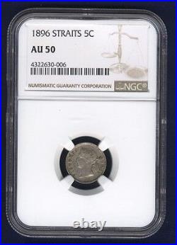 Straits Settlements Victoria 1896 5 Cents Silver Coin, Certified Ngc Au-50