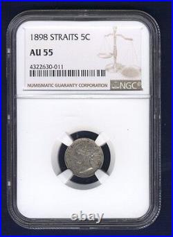 Straits Settlements Victoria 1898 5 Cents Silver Coin, Certified Ngc Au-55