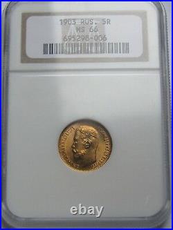 Superb Grade Russia 1903 AP Gold 5 Roubles NGC Certified MS66