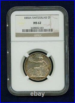 Switzerland 1850-a 2 Francs Silver Coin, Uncirculated, Ngc Certified Ms-62