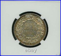 Switzerland 1850-a 2 Francs Silver Coin, Uncirculated, Ngc Certified Ms-62