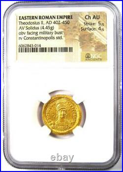 Theodosius II AV Solidus Gold Coin 402 AD Certified NGC Choice AU 5/5 Strike