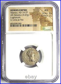 Tiberius AR Denarius Silver Tribute Penny Roman Coin 14-37 AD Certified NGC AU