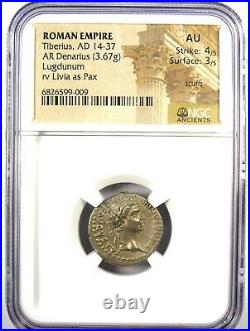 Tiberius AR Denarius Silver Tribute Penny Roman Coin 14-37 AD Certified NGC AU