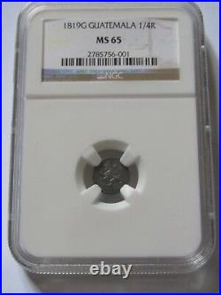 Very Rare 1819G Guatemala 1/4 Real. The Single Finest Graded NGC Certified MS65